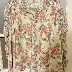 Free People Floral Button-Down Shirt - Pink and Green